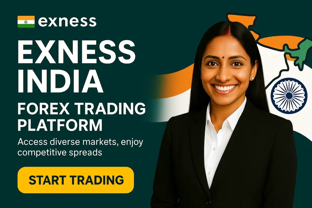 Smiling Indian woman in a business suit next to the map of India and Exness India logo on a white background
