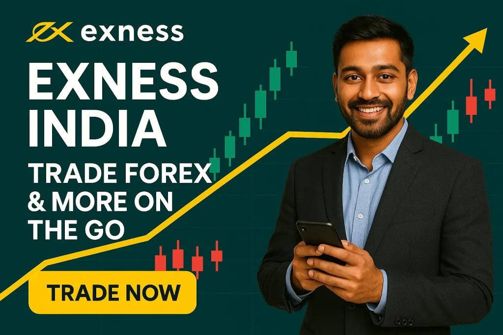 Indian man holding a smartphone in front of a trading chart with an upward arrow and the text Trade Forex & More on the Go with Exness India