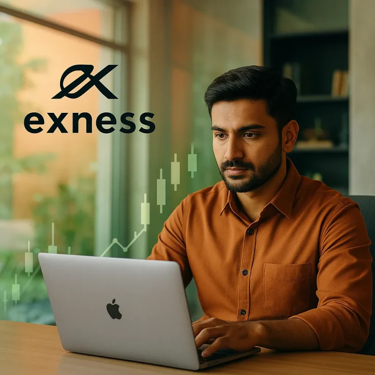 Indian forex trader using Exness platform on laptop at home office