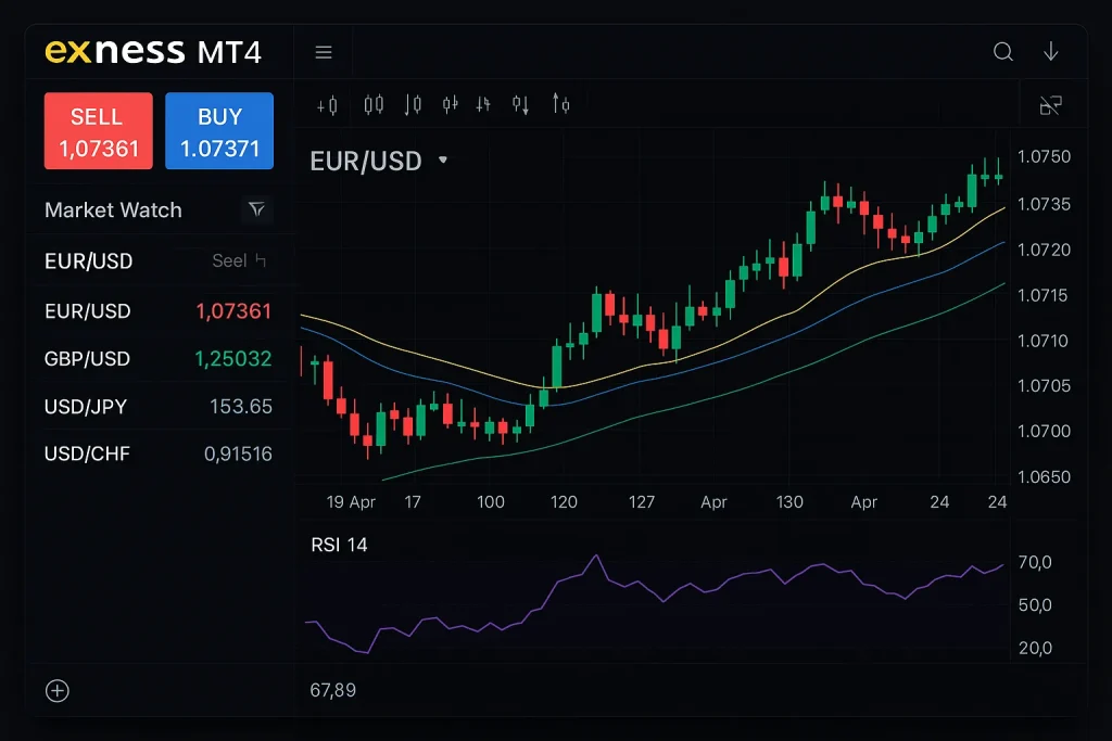 Exness MT4 trading interface showing live EUR/USD forex chart with moving averages and RSI indicator