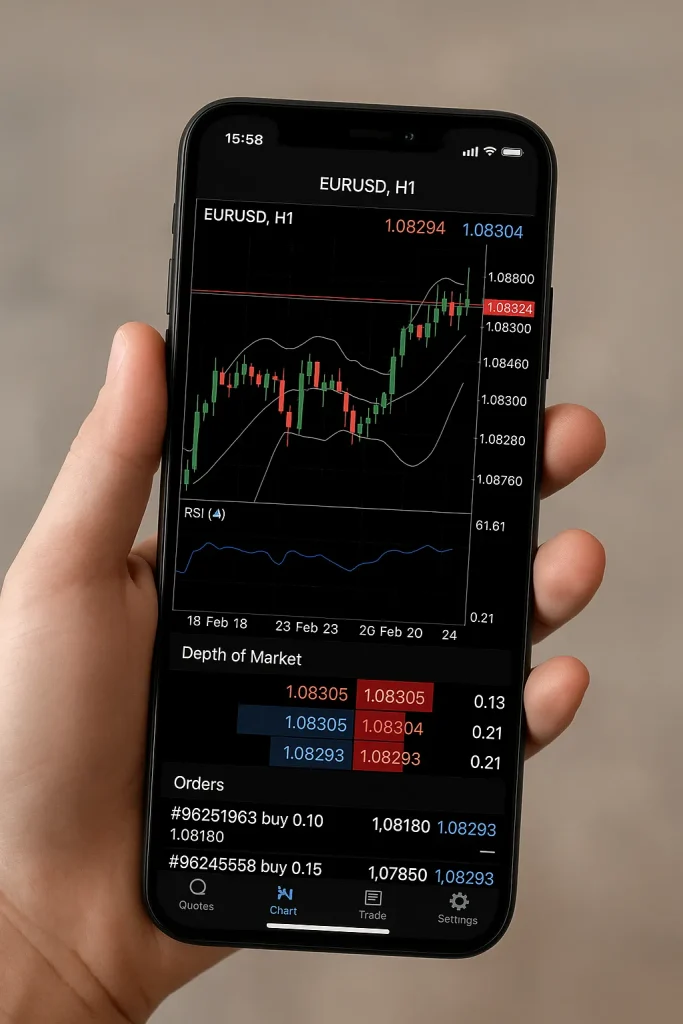 Exness MT5 mobile app with live forex chart on smartphone screen