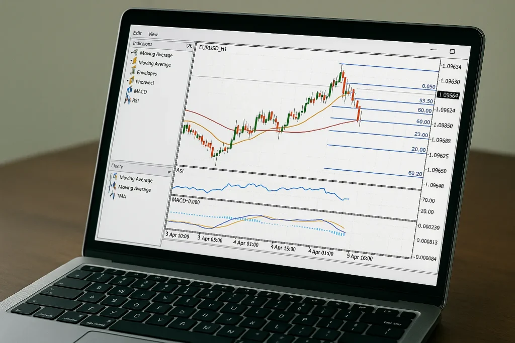 Exness MT5 chart showing RSI, Moving Averages, MACD and Fibonacci tools in use