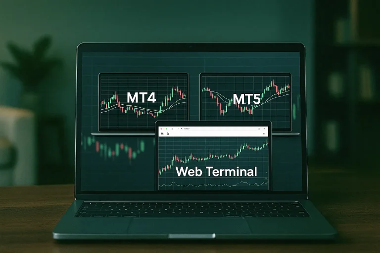 Comparison of Exness MT4, MT5, and Web Terminal trading platforms on a laptop screen