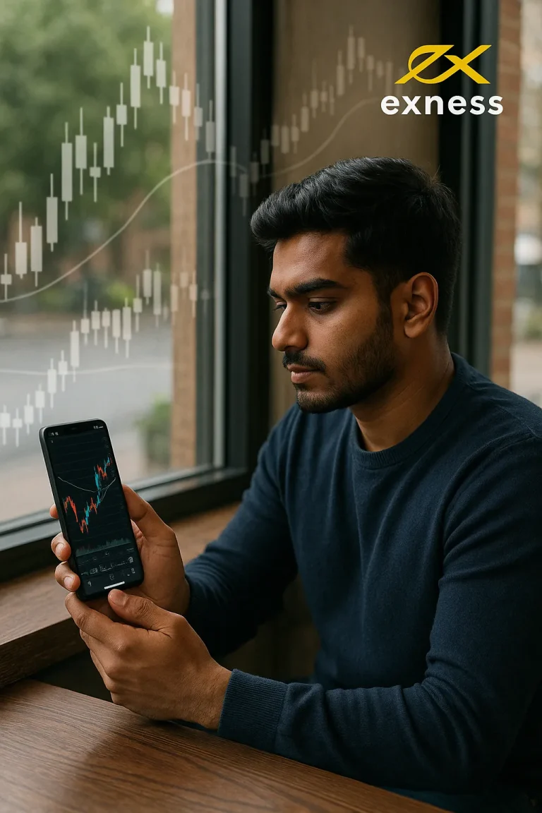 Young Indian trader using Exness Mobile App to analyze candlestick charts on his smartphone in a café