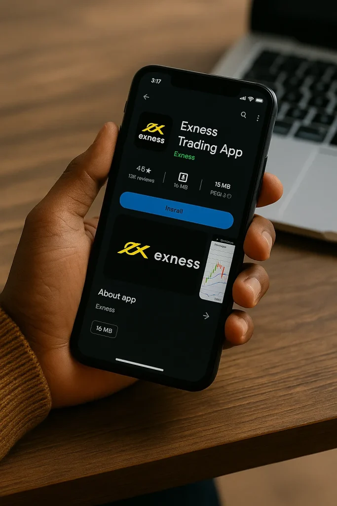 Exness Trading App shown in Google Play and App Store with Install button highlighted